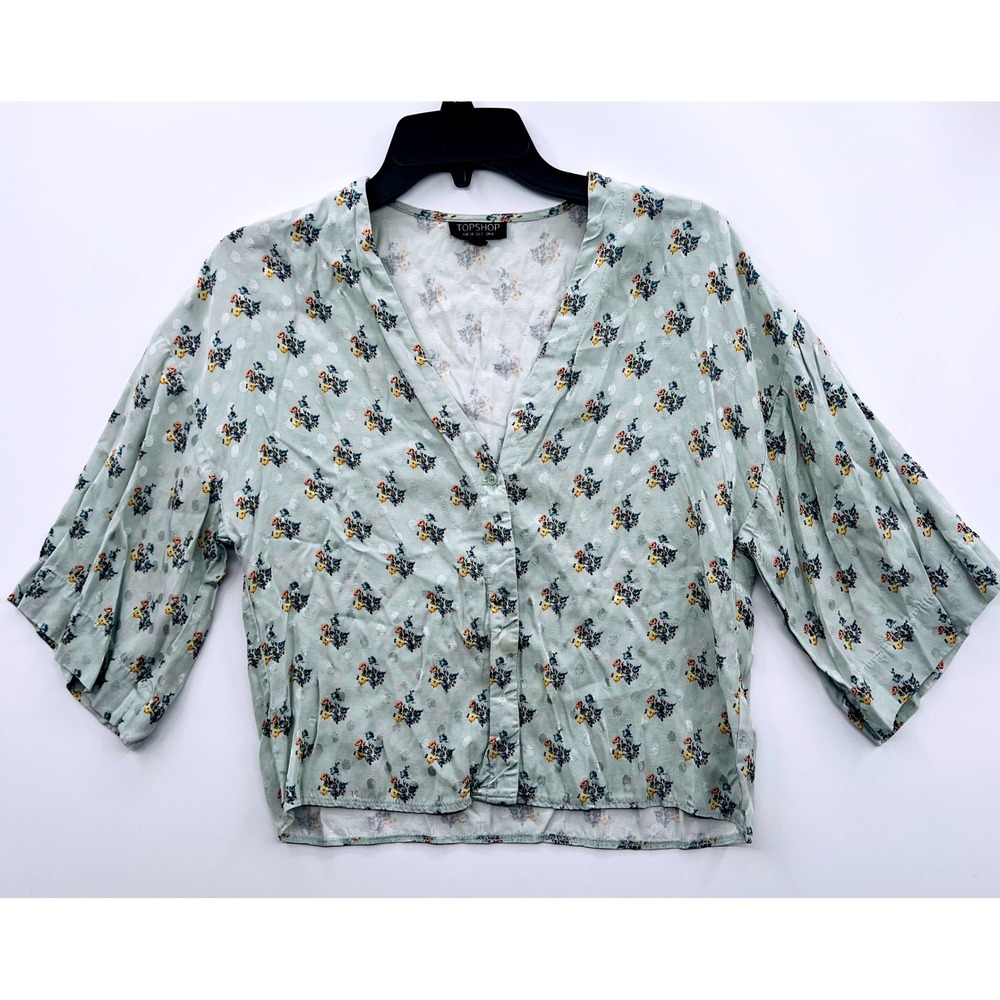 TOPSHOP Womens Floral V Neck Blouse Top Size US 2 Cottgagecore Boho Coquette